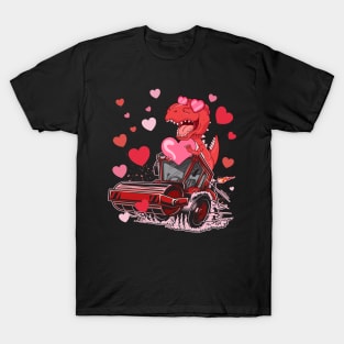 Dinosaur T Rex Riding Monster Truck Valentines Day T-Shirt